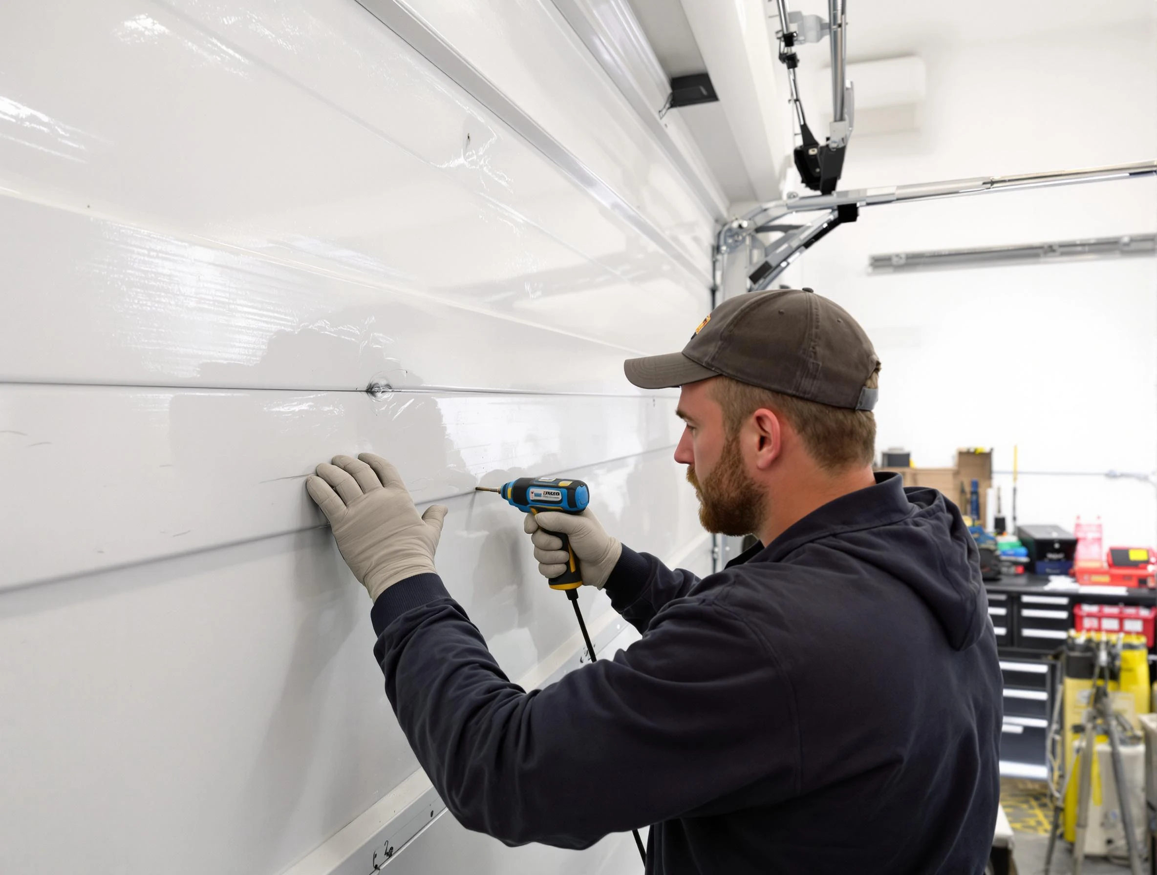 Lower Burrell Garage Door Repair technician demonstrating precision dent removal techniques on a Lower Burrell garage door